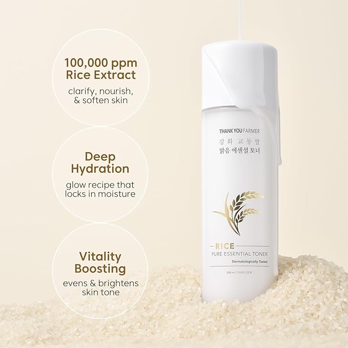 THANKYOU FARMER Rice Pure Korean Milk Toner with Rice Water & Niacinamide - Gentle Hydrating Toner for Brightening and Soothing Dry & Sensitive Skin, Vegan, 7.03 oz
