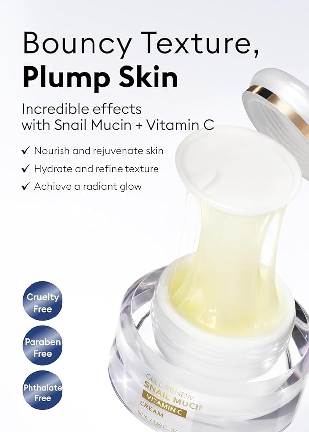 MISSHA Cell Renew Snail Mucin Vitamin C Cream 1.69 Fl oz, Hydrating Snail Mucin, Korean Skin Care for Improved Skin Texture & Youthful Glow, Korean Moisturizer, Kbeauty, Paraben Free