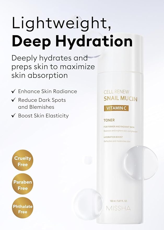 MISSHA Cell Renew Snail Mucin Vitamin C Toner 5.07 Fl oz - Korean Skincare Facial Toner for Glass Skin, 90% Snail Mucin Vita Complex, Deep Hydration, Improves Skin Texture, Paraben Free