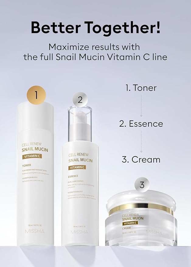 MISSHA Cell Renew Snail Mucin Vitamin C Toner 5.07 Fl oz - Korean Skincare Facial Toner for Glass Skin, 90% Snail Mucin Vita Complex, Deep Hydration, Improves Skin Texture, Paraben Free