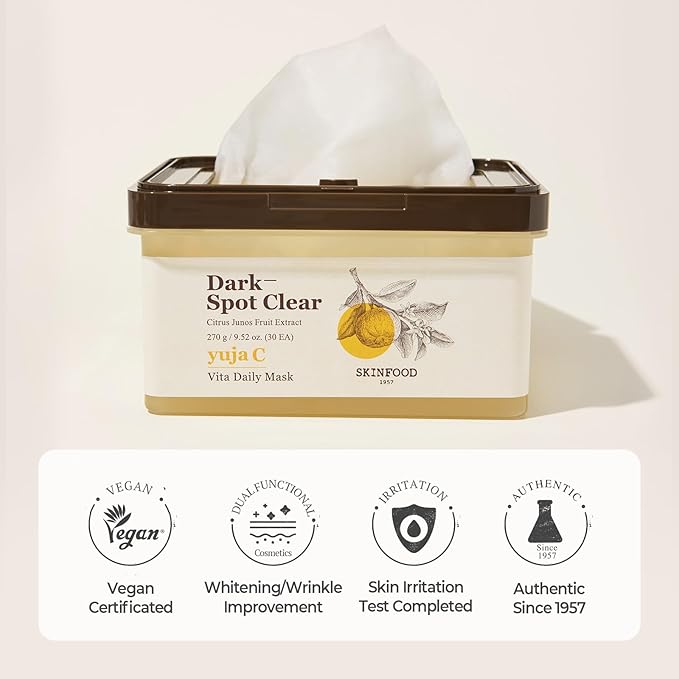 SKINFOOD Yuja C Vita Daily Sheet Mask, Korean 5-Minute Quick Skincare Hack, Triple Blemish & Dark Spot Care, Skin Tone Improvement Face Mask for Transparent and Clear Skin, Bulk Pack (30EA)