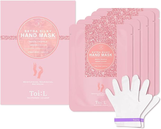 Extra Silky Hand Mask 5 Pairs, Korean Moisturizing Gloves for Dry Hands with White Truffle, Green Caviar & Peptides, Repairing Hand Care Treatment for Aging, Cracked, and Dry Skin
