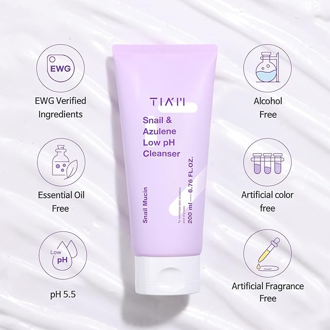 TIAM Snail&Azulene Low pH Cleanser, 6.76 fl oz, Daily Gentle Face Cleanser with Snail Mucin, Suitable for Sensitive Skin, pH Balancing, Korean Skin Care, Korean Face Wash