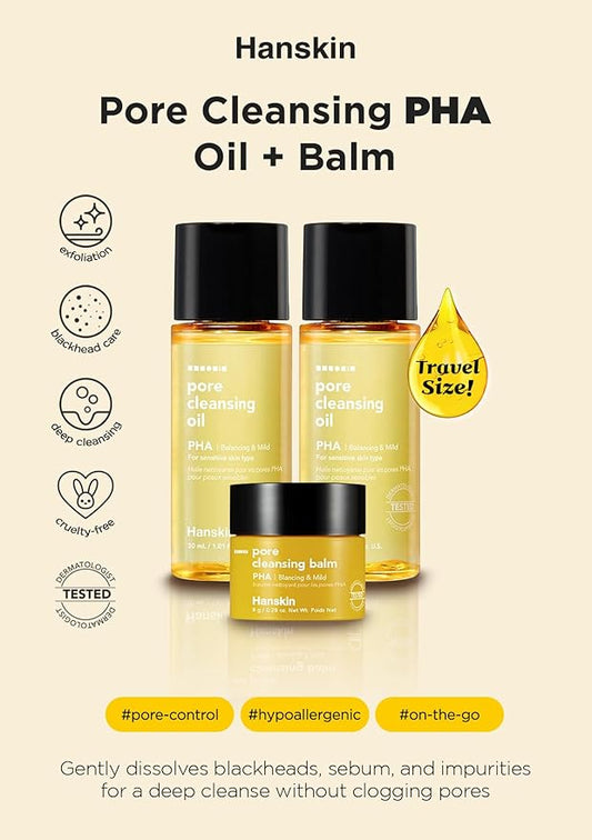 Hanskin PHA Pore Cleansing Oil & Cleansing Balm Mini Set – Travel Size Trial Kit | Gentle Blackhead Care & Makeup Remover for Sensitive Skin | Korean Skincare Gift & Stocking Stuffer (30ml*2 + 8g)