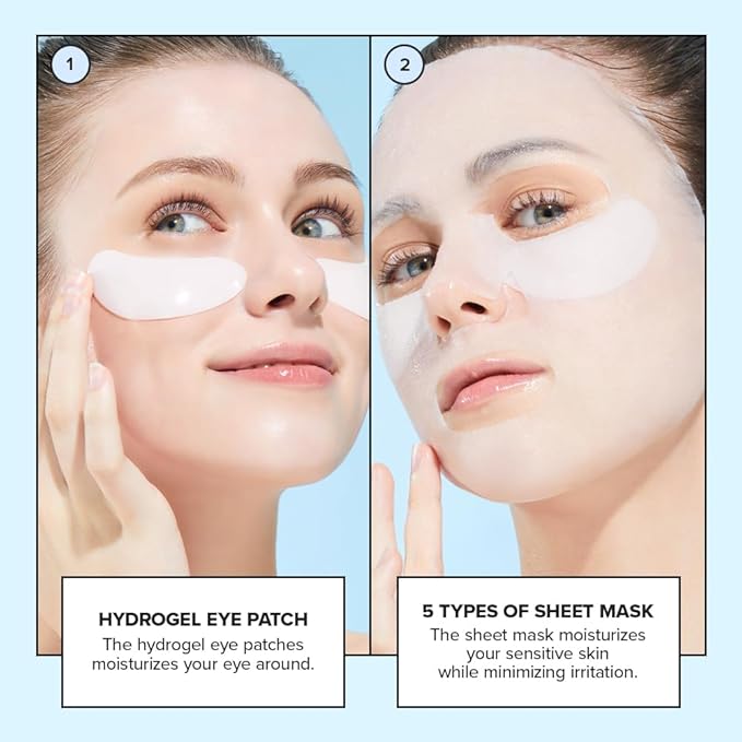 I DEW CARE Collagen Sheet Mask Variety Pack with Eye Patches - 5Days Face Masks Skincare Korean | Hydrating Collagen Face Mask, Moisturizing Skin Care, Facial Skincare Pack, Christmas Gifts, 5EA