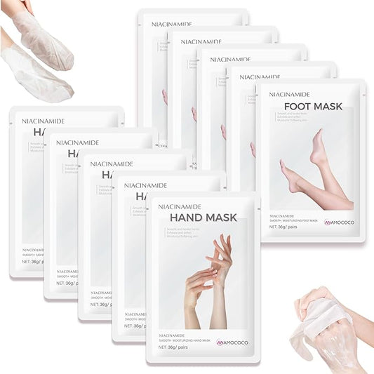 2 Sets Foot Mask & Hand Mask with Niacinamide, Deep Hydration Foot for Dry Cracked Skin, Nourishing Care with Shea Butter & Vitamin E, SPA at Home, 10 packs