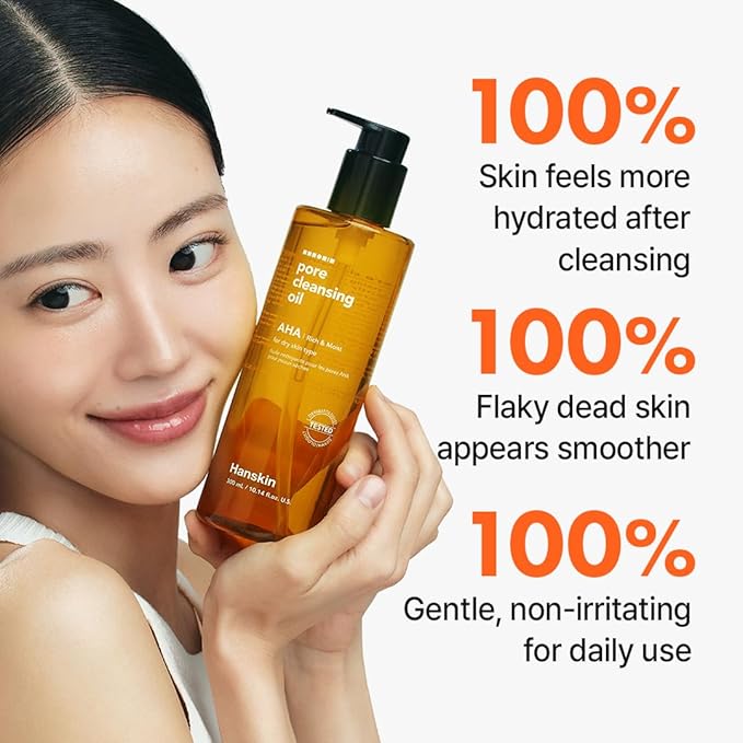 Hanskin AHA Pore Cleansing Oil for Dry Skin, Exfoliating, Waterproof Makeup Sebum Remover Facial Oil Cleanser for Face, Moisturizing for Soft Skin, Korean Skincare [AHA/10.14 oz.]
