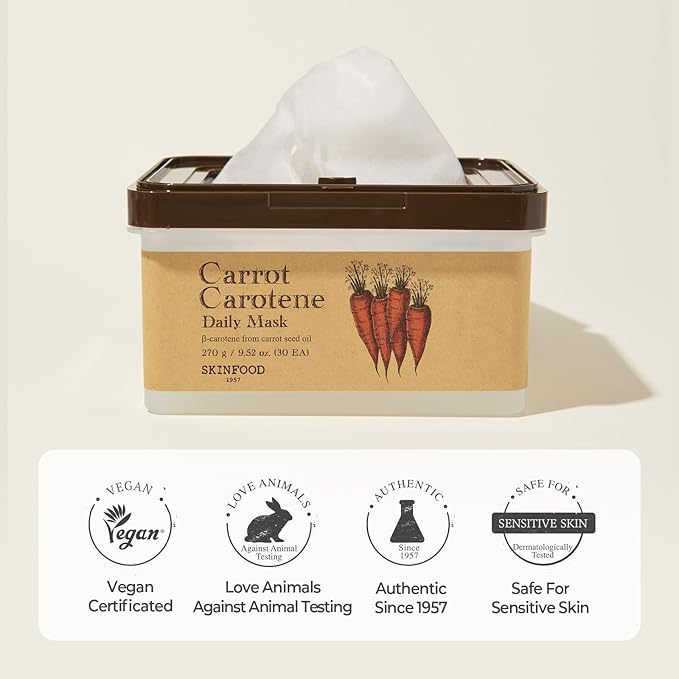 SKINFOOD Carrot Carotene Daily Sheet Mask, Korean Skincare Hack, 5-Minute Quick Hydrating, Soothing & Moisturizing Face Mask for Dry Skin, Glass Skin, Bulk Pack (30EA)