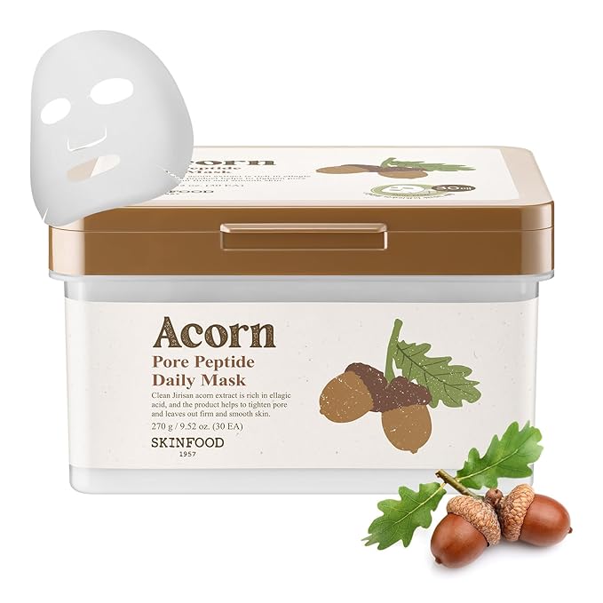 SKINFOOD Acorn Pore Peptide Daily Sheet Mask, Korean 5-Minute Quick Skincare Hack, Pore Tightening & Elasticity, Skin Texture Improvement Face Mask for Sagging Skin Bulk Pack (30EA)