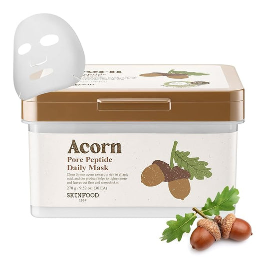SKINFOOD Acorn Pore Peptide Daily Sheet Mask, Korean 5-Minute Quick Skincare Hack, Pore Tightening & Elasticity, Skin Texture Improvement Face Mask for Sagging Skin Bulk Pack (30EA)