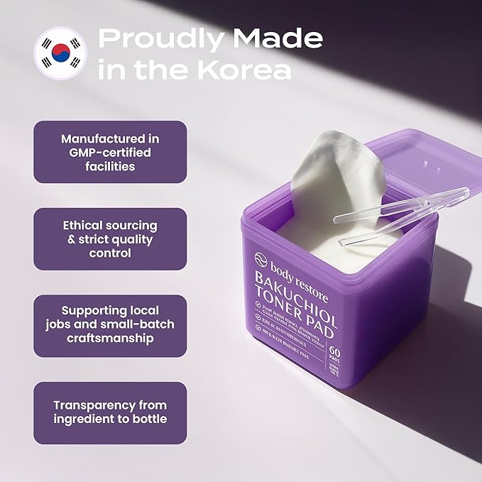 Body Restore Bakuchiol Toner Pads – Valentines Day Gifts for Her and Him, Korean Skin Care, Face Wipe with Niacinamide & Hyaluronic Acid, Travel Essentials, Birthday Gifts for Women and Men