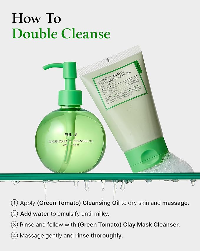 FULLY Green Tomato Pore Cleansing Oil, Daily Oil Cleanser with BHA & Green Tomato for Makeup Removal, Sebum Control, Blackhead Removal for Sensitive Skin, Vegan Korean Skincare, 8.45 fl.oz