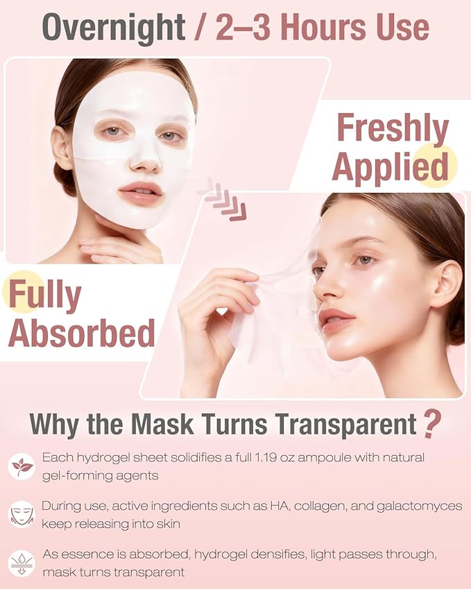 Bio-Collagen Hydrogel Sheet Mask, Overnight Face Mask for Radiant, Glowing Skin, Deep Hydrating & Firming, Pore Minimizing, Boosts Elasticity, Korean Skin Care, 35g x 5ea