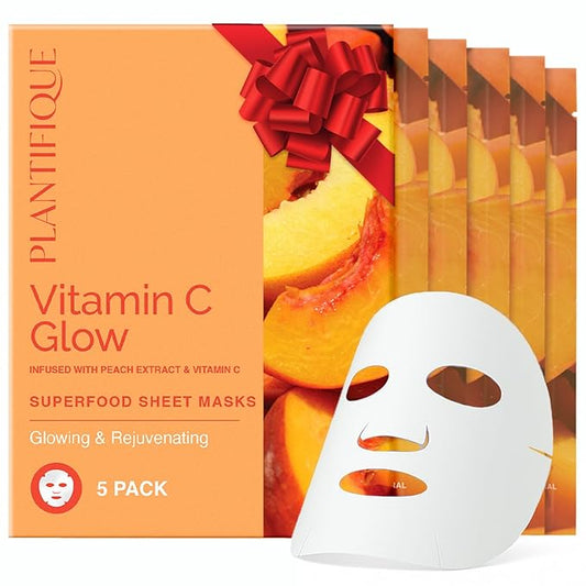 PLANTIFIQUE Facial Sheet Mask Vitamin C Glow 5 Pack – Rejuvenating & Glowing Face Mask Sheets Pack with Peach & Vitamin C – Korean Skincare for Dull Skin