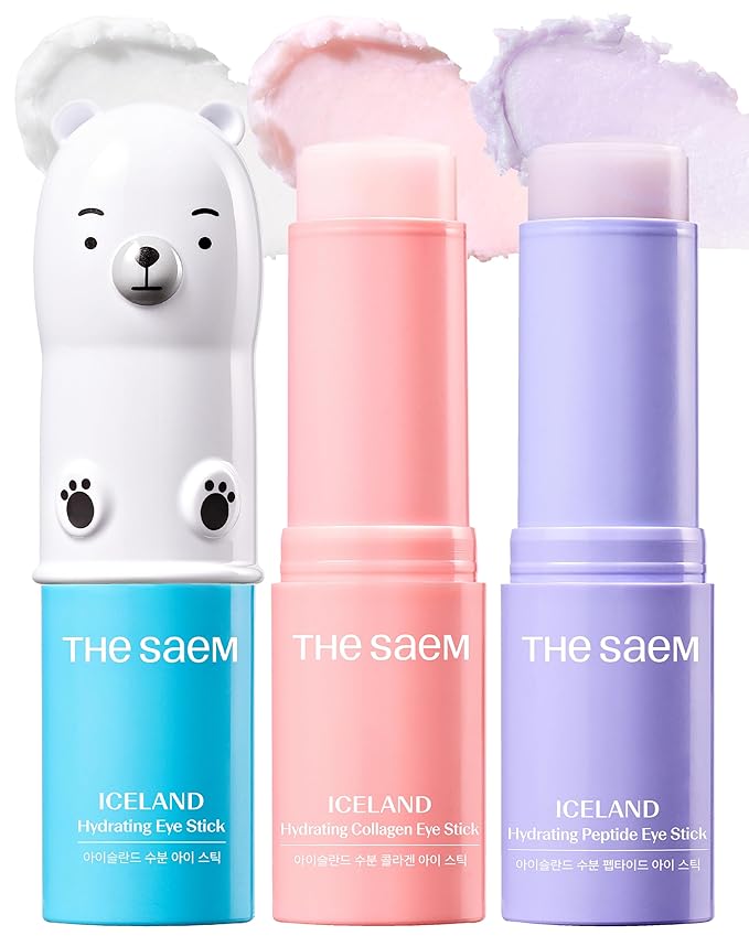 THESAEM Iceland Eye Stick Bundle - 3 Pack (Collagen + Peptide + Hydrating) 0.38 oz Each - Complete Under Eye Treatment for Dark Circles, Puffiness & Wrinkles - Anti-Aging Cooling Balm with Niacinamide