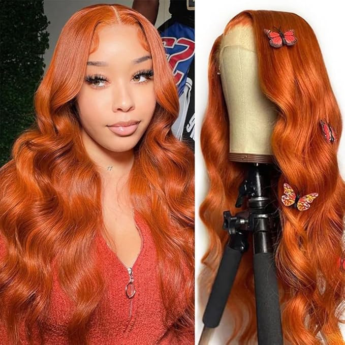 #350 Ginger Orange Lace Front Wigs Human Hair Body Wave 22 Inch 13x4 HD Transparent Ginger Lace Front Wigs Wear and Go Glueless Orange Wigs Human Hair Pre Plucked Colored Frontal Wigs For Black Women