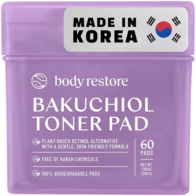Body Restore Bakuchiol Toner Pads – Valentines Day Gifts for Her and Him, Korean Skin Care, Face Wipe with Niacinamide & Hyaluronic Acid, Travel Essentials, Birthday Gifts for Women and Men