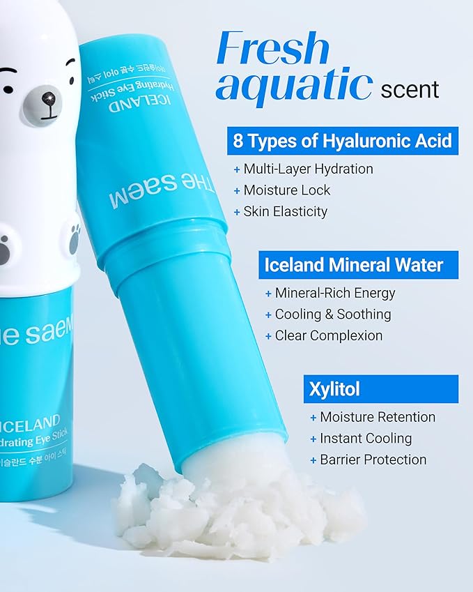 THESAEM Iceland Hydrating Eye Stick 3-Pack Set with Cute Bear Keyring - Cooling Balm Trio for Dark Circles, Wrinkles & Puffiness – Peptide & Collagen Under Eye Treatment - K-Beauty Gift Set