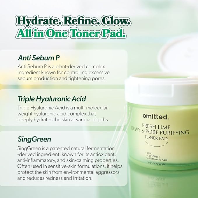 Omitted Fresh Lime Dewy & Pore Purifying Toner Pad - Pore Minimizer & Dead Skin Cells Exfoliator with LHA, Deep Hydration with Triple Hyaluronic Acid, Korean Skin Care, 70 pads, 5.41 fl. oz. (160ml)