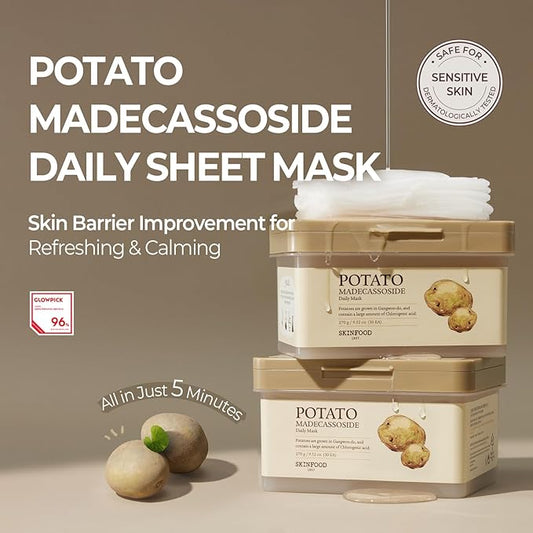 SKINFOOD Potato Madecassoside Daily Sheet Mask, Korean 5-Minute Quick Skincare Hack, Soothing & Skin Barrier Face Mask for Damaged Skin, Bulk Pack (30EA)