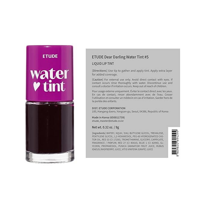 ETUDE Dear Darling Water Tint – Grape Ade | Korean Lip Stain & Lip Tint for Hydrated Pink Lips, Smudge-Proof Long-Lasting Lip & Cheek Makeup | K-Beauty Gift, Stocking Stuffers