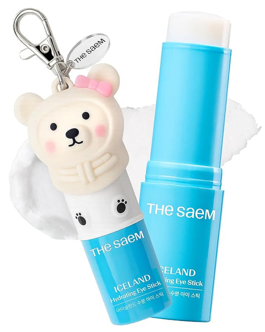 THESAEM Iceland Hydrating Eye Stick with Cute Bear Keyring Set - Cooling Balm for Dark Circles and Puffiness – Under Eye Treatment - Portable K-Beauty Charm for Bag & Pouch, Aqua Scent, 0.38oz