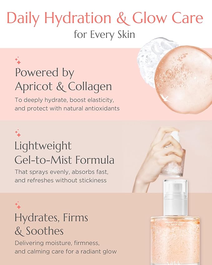 Apricot Collagen Gel Serum Mist Korean Face Moisturizer Spray - 8 Layer Hyaluronic Acid and Bakuchiol - Heart Shape Clear Keychain Refillable Travel Portable Bottle, 3.38oz