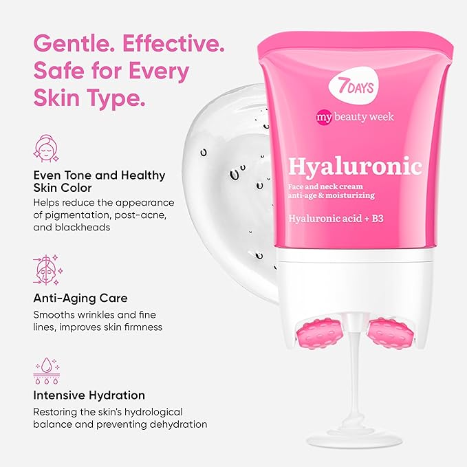 7DAYS Hyaluronic Acid Face & Neck Firming Cream - Korean Anti-Aging Face Moisturizer, 2 in1 Neck Cream & Face Cream, Brightening & Hydrating Skincare with Face Roller & Neck Massager | 2.7 fl oz