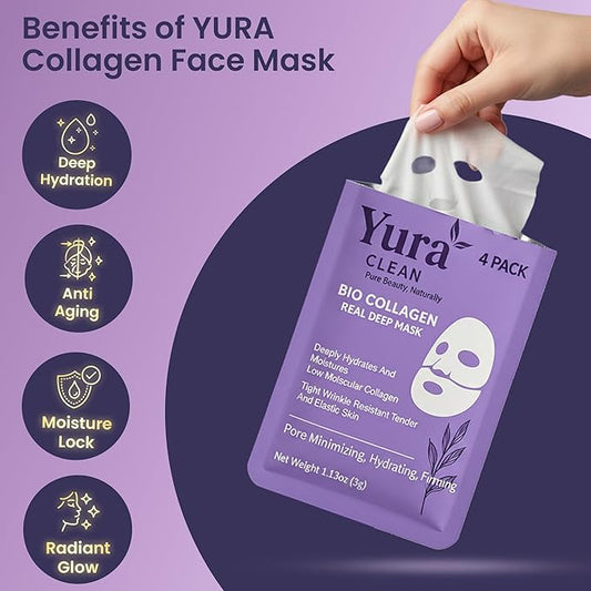 Yura Clean Collagen Face Mask – Korean Overnight Bio-Collagen Sheet Mask for Glowing, Hydrated & Firm Skin – Anti-Aging, Moisturizing & Skin Rejuvenation – 4 Pack – Ideal Holiday Gift for Women