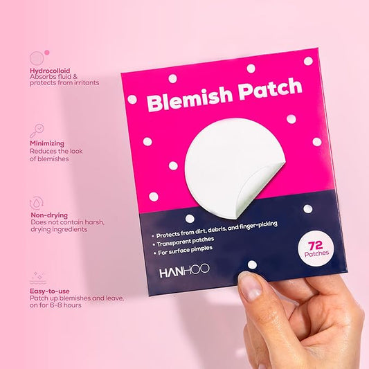 Hanhoo Blemish Patch, 288 count, includes hydrocolloid pimple patches that shrink pimples, absorb fluid, and protect from finger-picking and dirt. Invisible acne spot patches for Korean skincare.