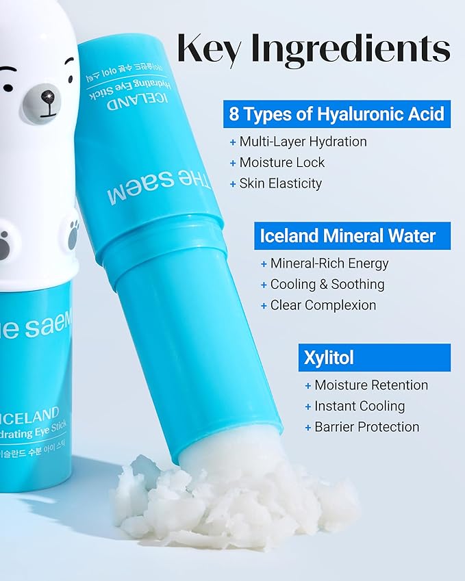 THESAEM Iceland Hydrating Eye Stick - Cooling Balm - Dark Circles & Puffiness – Under Eye Treatment - Reduce Wrinkles and Moisturizing - Minimize Dark & Puffy Eyes - Aqua Scent, 0.38 oz 2 Pack