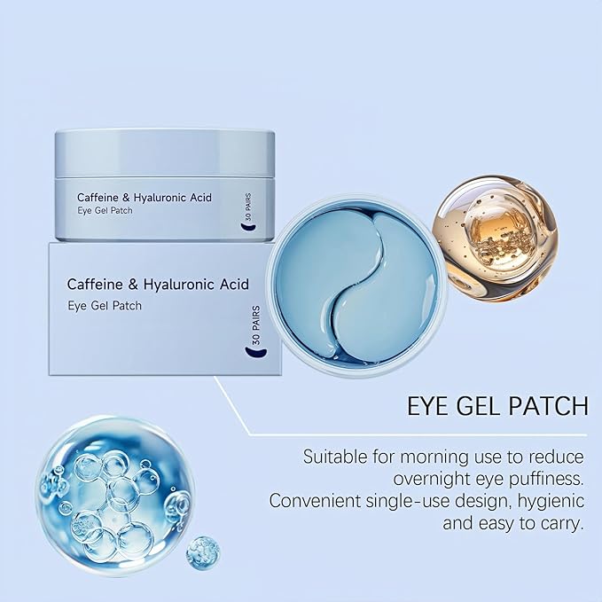 Caffeine Under Eye Patches,60 Korean Hydrogel Masks to Reduce Dark Circles, Puffiness & Bags-Morning Brightening Hydrating Cooling with Hyaluronic Acid-Vegan, No Fragrance