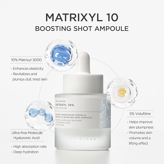 SKIN1004 Matrixyl 10% Boosting Shot Ampoule 1.01fl.oz, 30ml, Hyaluronic Acid & Spicule Serum, Korean Hydrating Facial Matrixyl & Peptide Serum for Deep Moisture, Madagascar Centella, Korean Skin Care