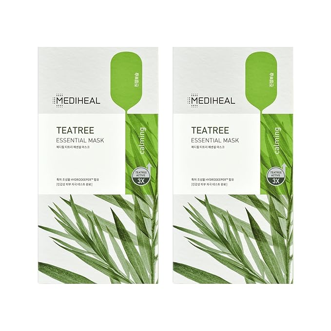 Mediheal Best Korean Sheet Mask - Tea Tree Essential Face Mask 20 Sheets For All Skin Types Korean Best Sheet Mask Soothing Calming