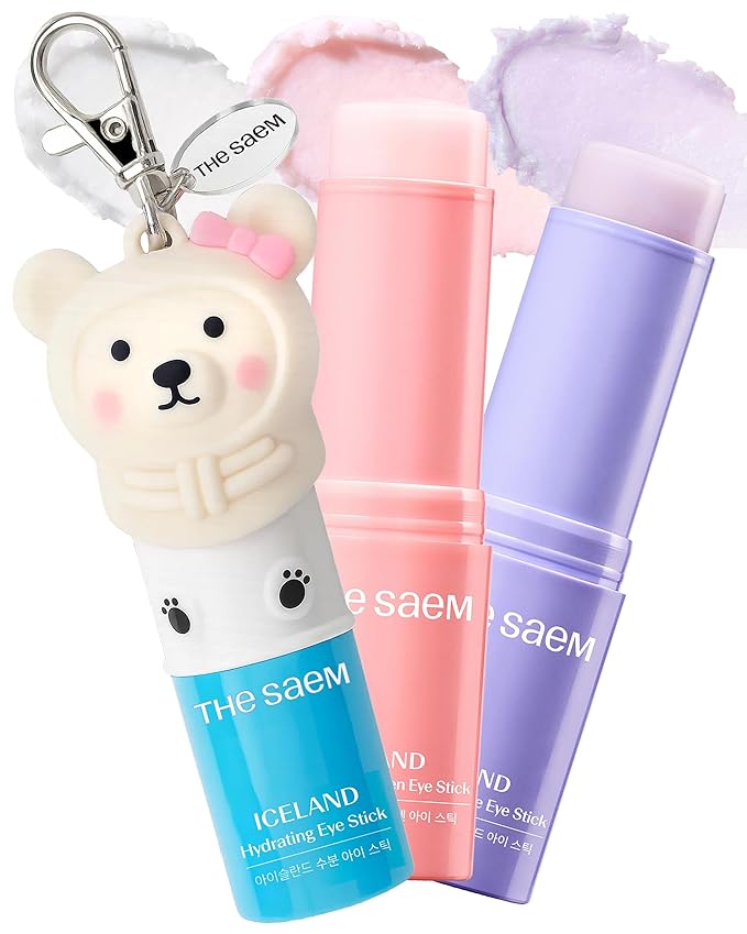 THESAEM Iceland Hydrating Eye Stick 3-Pack Set with Cute Bear Keyring - Cooling Balm Trio for Dark Circles, Wrinkles & Puffiness – Peptide & Collagen Under Eye Treatment - K-Beauty Gift Set
