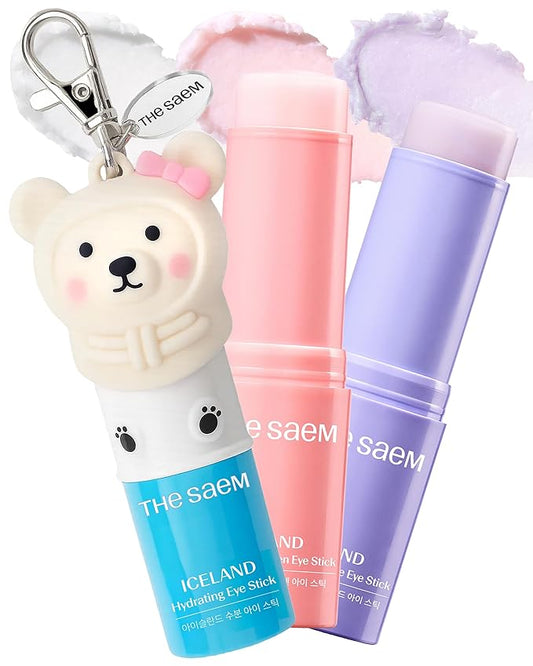 THESAEM Iceland Hydrating Eye Stick 3-Pack Set with Cute Bear Keyring - Cooling Balm Trio for Dark Circles, Wrinkles & Puffiness – Peptide & Collagen Under Eye Treatment - K-Beauty Gift Set