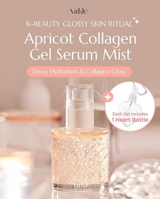 Apricot Collagen Gel Serum Mist Korean Face Moisturizer Spray - 8 Layer Hyaluronic Acid and Bakuchiol - Heart Shape Clear Keychain Refillable Travel Portable Bottle, 6.76 fl.oz