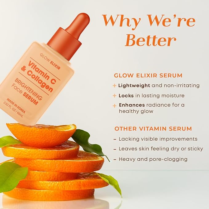 Glow Elixir Vitamin C Serum for Face with Collagen – Fine Lines & Wrinkles Treatment, Hydrating Korean Skin Care – Dermatologist Tested, Anti-Aging, Vegan, Clean Beauty – 2.02 Fl Oz