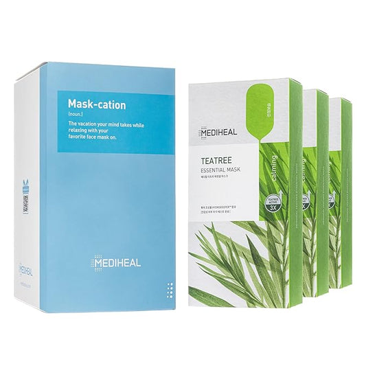 Mediheal Official [Korea's No 1 Sheet Mask] - Tea Tree Essential Blemish Control Mask JUMBO Pack | 30 Masks, 3 x 10 Packs Skin Soothing & Sebum Control Sensitive Oily Korean skin care set