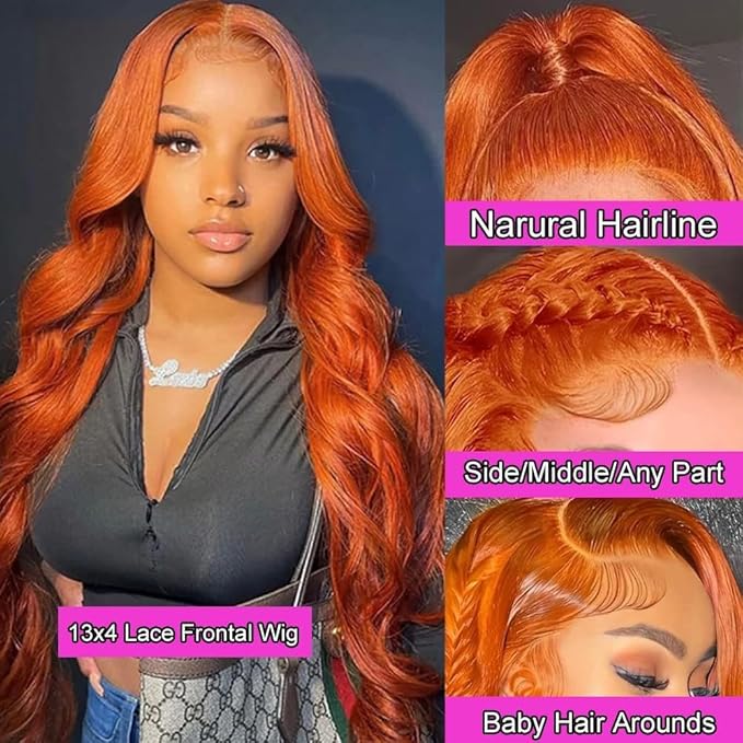 #350 Ginger Orange Lace Front Wigs Human Hair Body Wave 22 Inch 13x4 HD Transparent Ginger Lace Front Wigs Wear and Go Glueless Orange Wigs Human Hair Pre Plucked Colored Frontal Wigs For Black Women