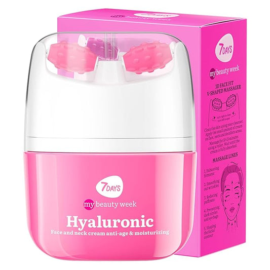 7DAYS Hyaluronic Acid Neck Firming Cream with Roller - Korean Anti Aging Face Moisturizer, 2 in1 Neck Cream & Face Cream, Brightening & Hydrating Skincare with Face Roller & Neck Massager | 1.35 fl oz