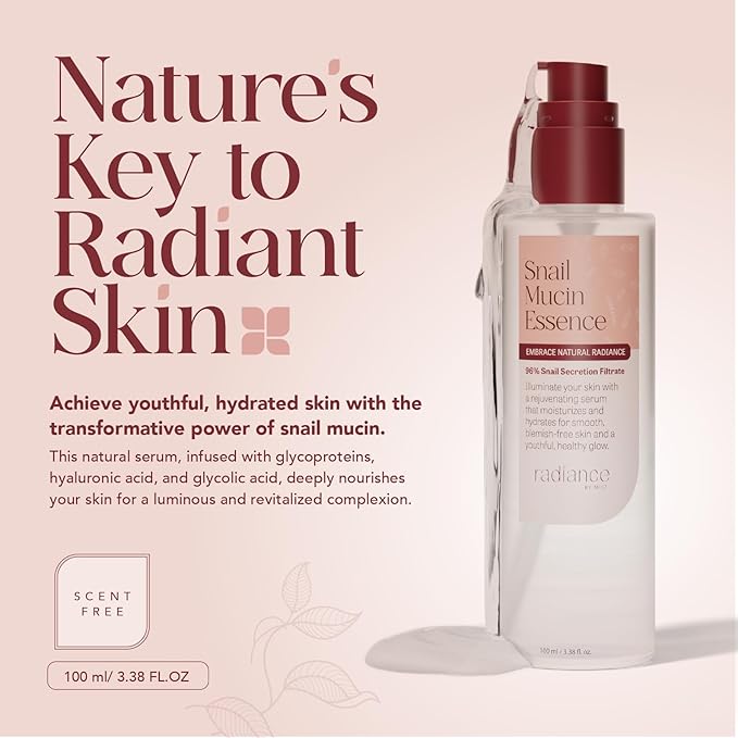 Radiance Snail Mucin Serum with Advanced Snail 96% Mucin Power Essence, Korean Skin Care with Hydrating Hyalauronic Acid Korean Serum, 3.38 fl oz, 100ml