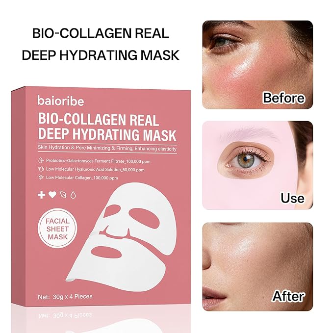 8 PCS Bio-Collagen Real Deep Mask, Hydrating Korean Sheet Mask, Collagen Glow Up Firm Skin Deep Hydrating Masks for Pore Minimization - Glow like Glass Skin