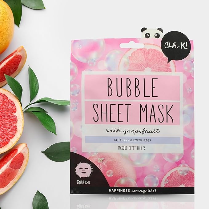 Oh K! Bubble Sheet Mask - Grapefruit - Korean Face Mask Sheet - Facial Skin Care Products - Clean Korean Skincare - Hydrating Face Sheets - 1 Pc
