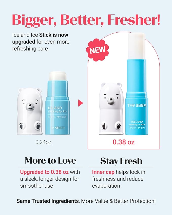 THESAEM Iceland Hydrating Eye Stick with Cute Bear Keyring Set - Cooling Balm for Dark Circles and Puffiness – Under Eye Treatment - Portable K-Beauty Charm for Bag & Pouch, Aqua Scent, 0.38oz