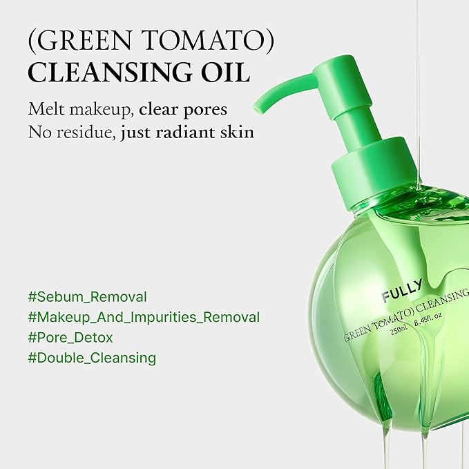 FULLY Green Tomato Pore Cleansing Oil, Daily Oil Cleanser with BHA & Green Tomato for Makeup Removal, Sebum Control, Blackhead Removal for Sensitive Skin, Vegan Korean Skincare, 8.45 fl.oz