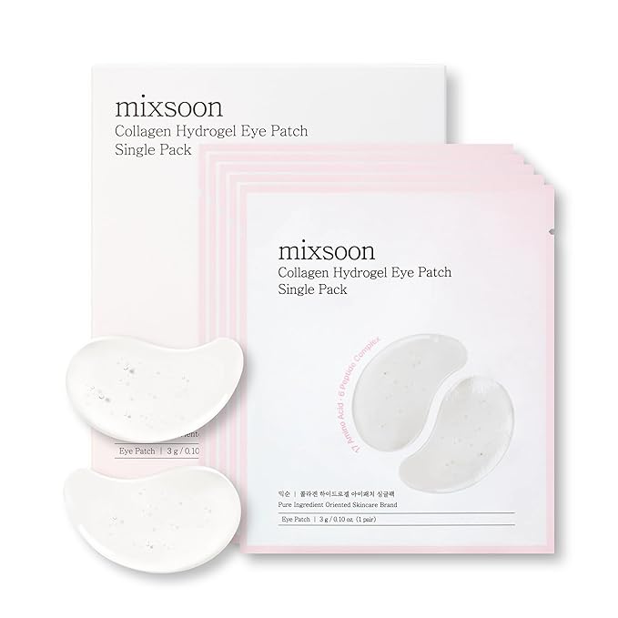 mixsoon Collagen Hydrogel Eye Patches Single Pack Hydrating Gel Eye Mask with Collagen, Peptides and Amino Acids for Smooth Under Eye Skin Care 3g*5 pairs Korean Glass Skin Care
