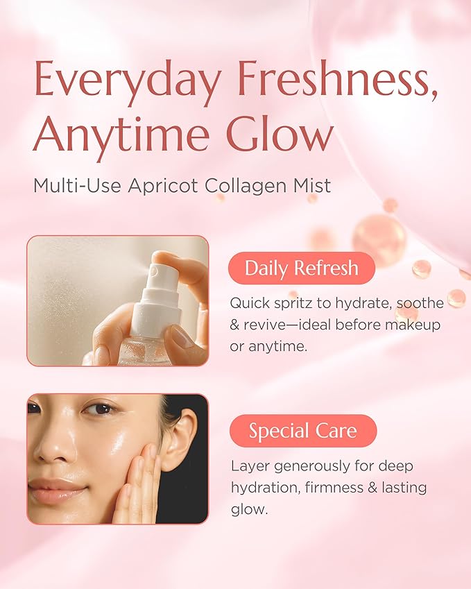 Apricot Collagen Gel Serum Mist Korean Face Moisturizer Spray - 8 Layer Hyaluronic Acid and Bakuchiol - Heart Shape Clear Keychain Refillable Travel Portable Bottle, 6.76 fl.oz