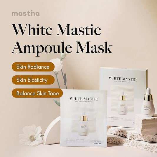 MASTINA White Mastic Ampoule Sheet Mask – 4 Sheets, Fermented Mastic Gum & Niacinamide Essence, Brightening and Deep Hydration Korean Facial Mask