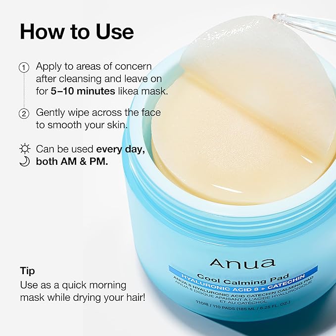 Anua 8 Hyaluronic Acid Catechin Calming Pad, Pore Care & Cooling Effect with Korean Toner pad, Quick & Easy Hydrating Daily Face Mask, Makeup Prep Routine, Korean Skin Care (110 Pads)